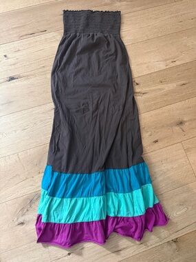 Summer Beachy boho Brown Maxi Dress with Teal, Aqua & Purple Hem